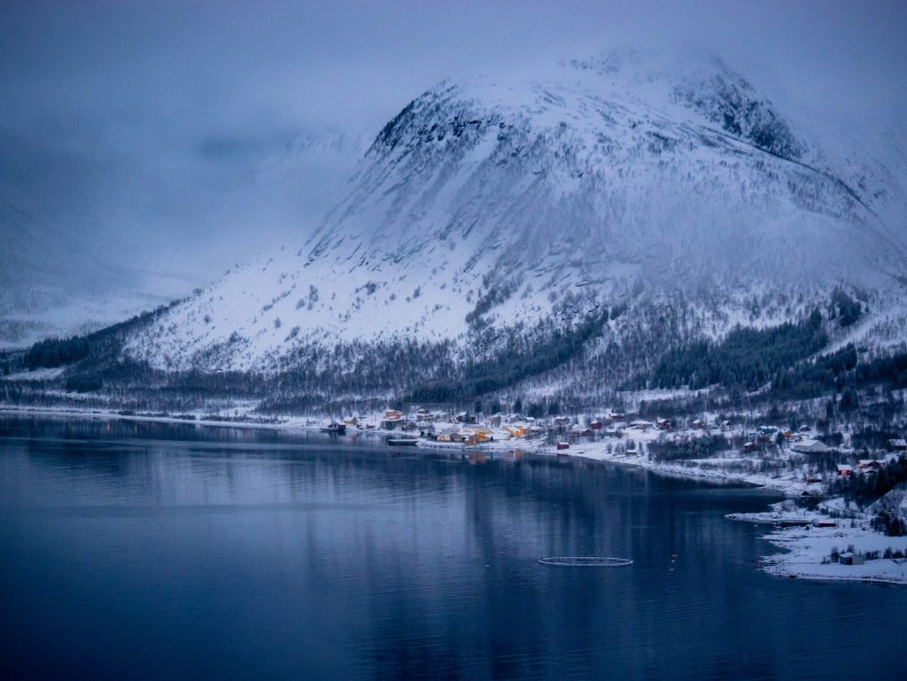 Soft Arctic light falling on a quiet village beneath the snowy mountains of northern Senja, Norway