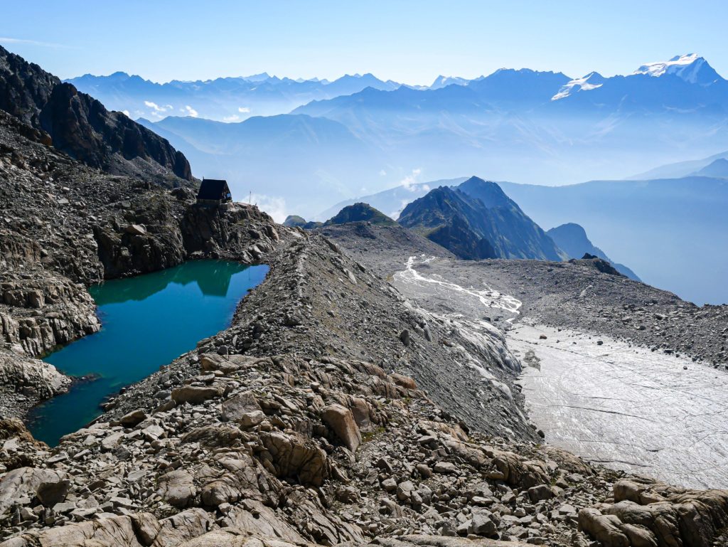 High above the Trient Valley, the Orny hut overlooks a turquoise lake and the silent glaciers of the Swiss Alps