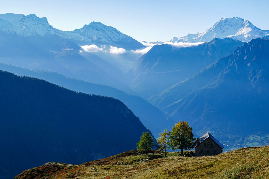 Morning light over an alpine cabin facing the peaks near the Aletsch Glacier, Switzerland