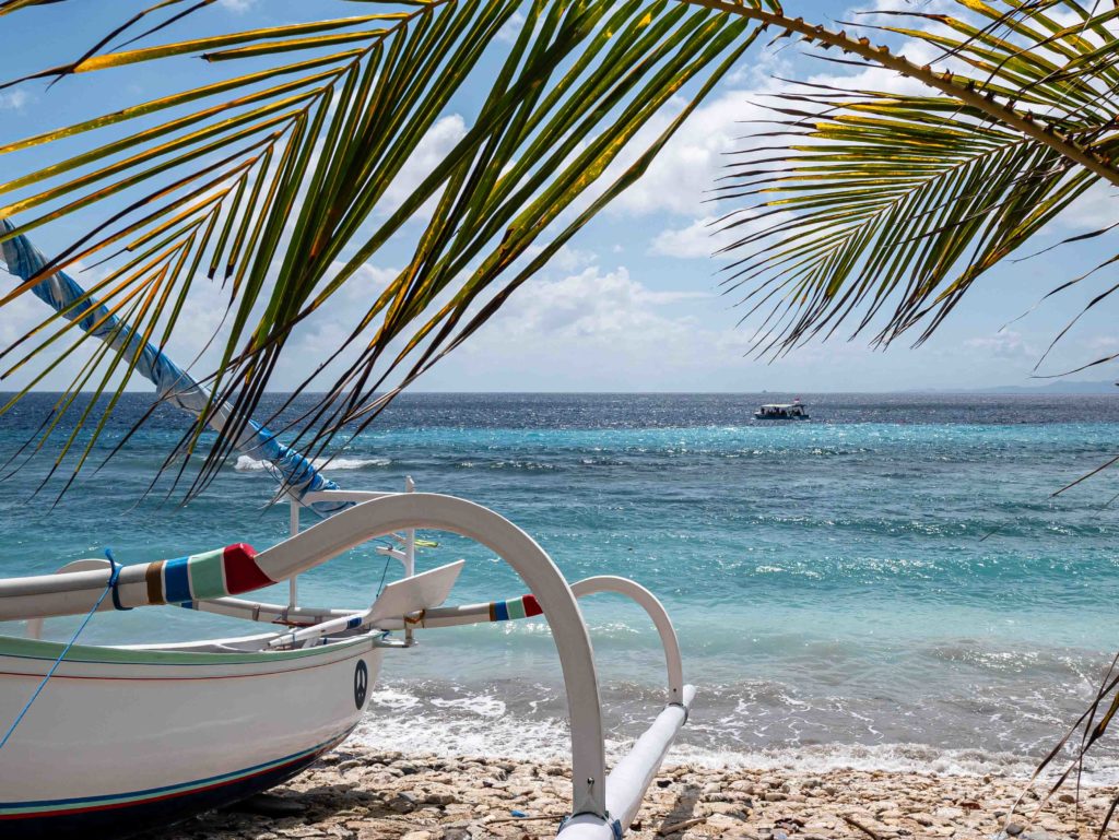 Traditional jukung boat on a rocky beach framed by palm leaves in Nusa Penida, Indonesia.
