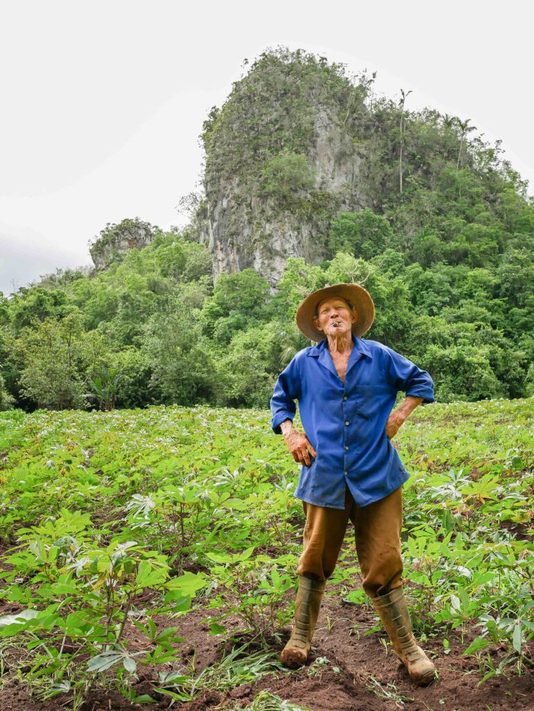 Cuban tobacco farmer standing in front of limestone hills in Viñales