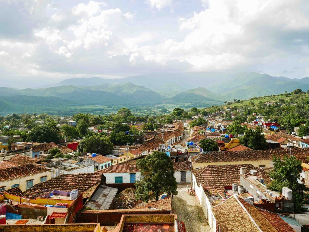 Panoramic view over Viñales town and surrounding mountains